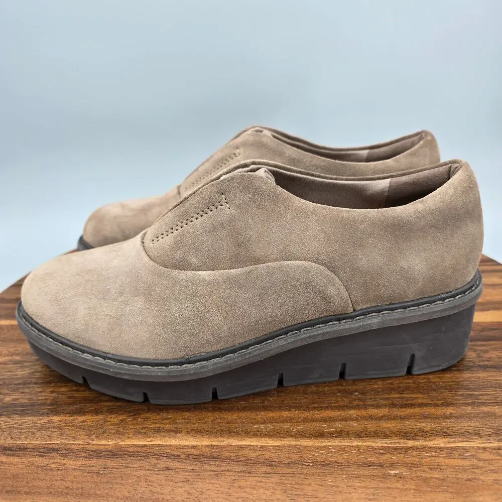 Clarks Shoes Women 7 M Tan Brown Suede Leather Airabell Comfort Slip On Platform